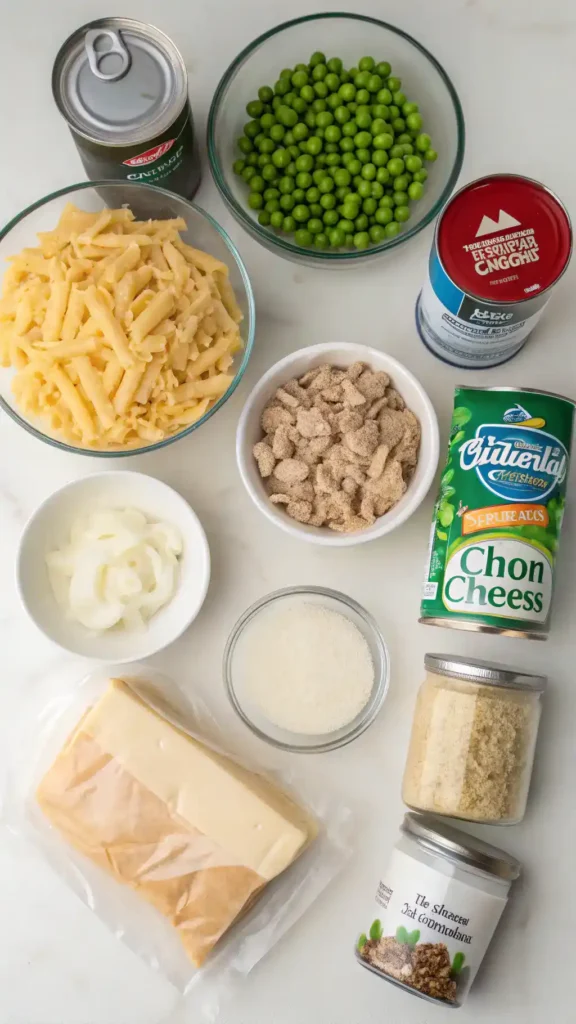 Ingredients for tuna casserole laid out on a kitchen counter.