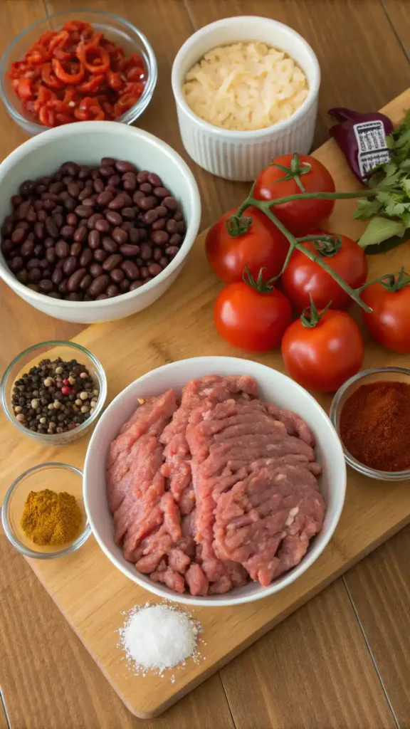 Ingredients for Turkey Chili displayed on a wooden countertop.