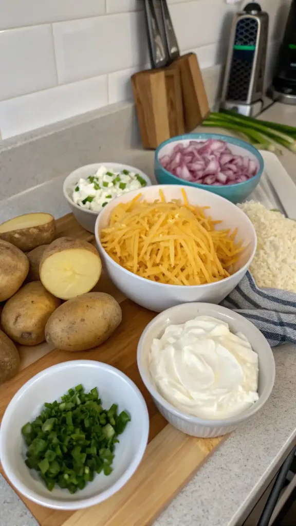 Ingredients for Twice Baked Potato Dump Casserole including potatoes, cheese, and sour cream.
