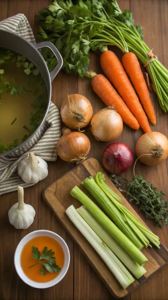 Ingredients for vegetable soup displayed on a wooden table.