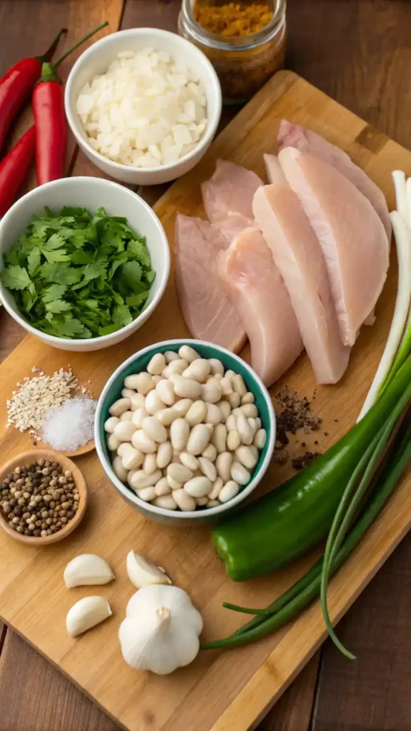 Ingredients for White Chicken Chili including chicken, beans, and spices on a wooden countertop.