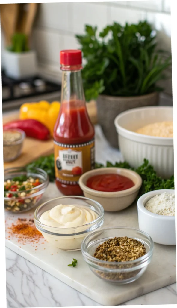 Ingredients for yum yum sauce displayed on a kitchen counter.