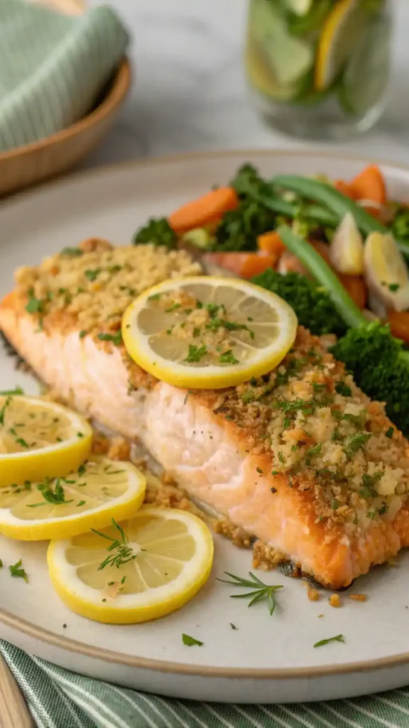 A plated Lemon Garlic Salmon dish with vegetables and lemon wedges.