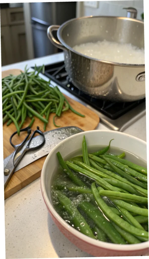 Fresh green beans being washed and trimmed on a cutting board.