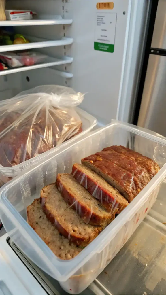 Storing leftover McCormick meatloaf in the refrigerator.
