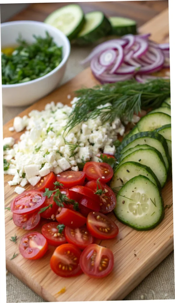 Ingredients for a refreshing cucumber salad displayed on a cutting board.