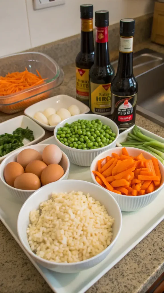 Ingredients for fried rice including rice, vegetables, eggs, and sauces.