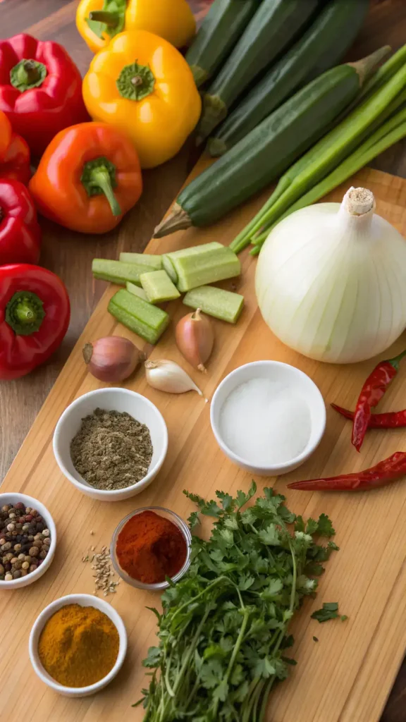 Ingredients for gumbo including chicken, shrimp, okra, and spices arranged on a countertop.