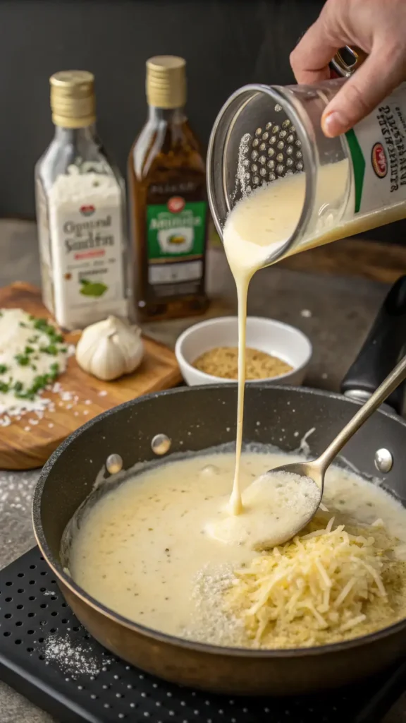 A saucepan on the stove with melted butter and garlic, preparing Alfredo sauce.