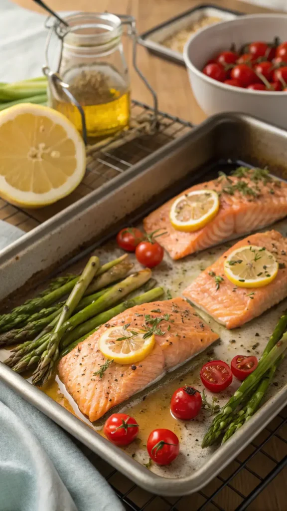 Step-by-step process of making baked salmon, including seasoning and preparation.