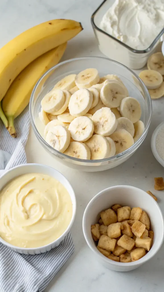 Step-by-step process of making banana pudding with ingredients displayed.