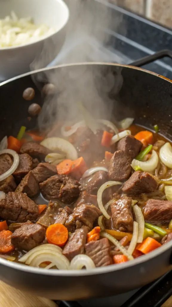 A step-by-step process of making beef stew, showcasing browning beef and sautéing vegetables.