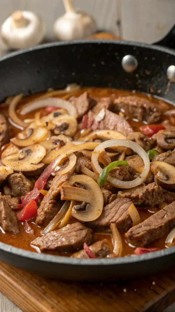 A skillet filled with creamy beef stroganoff, garnished with fresh parsley.