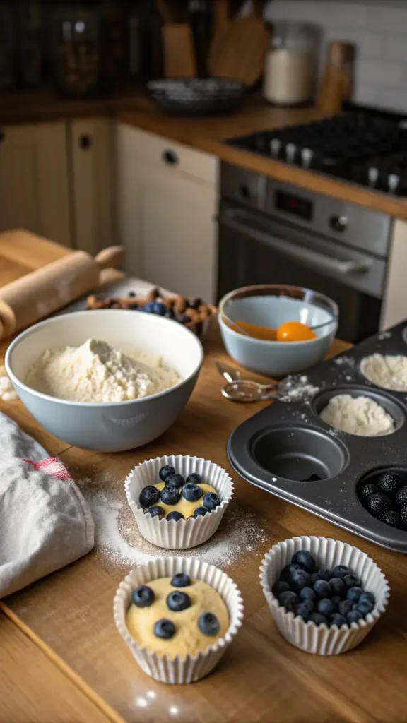 A step-by-step guide to making blueberry muffins, showcasing ingredients and mixing process.