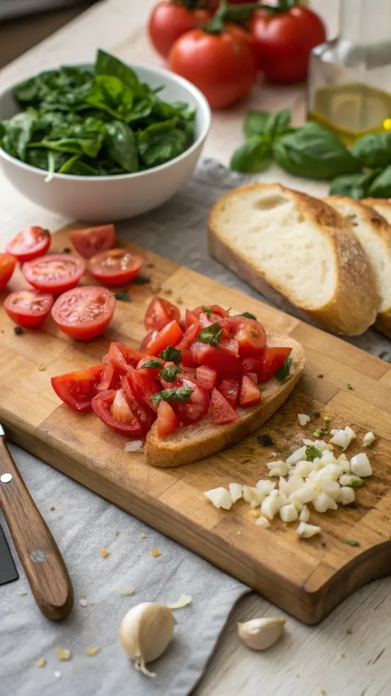 Step-by-step preparation of bruschetta with fresh ingredients.
