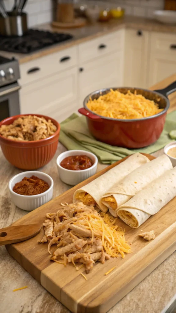 Step-by-step process of making chicken enchiladas with ingredients laid out.
