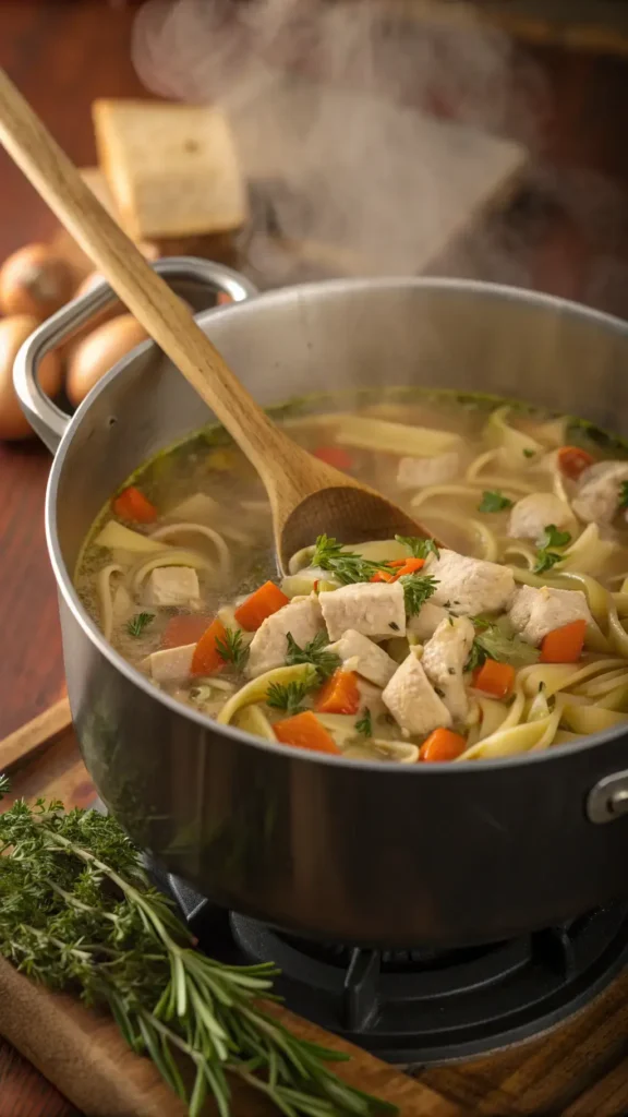 A pot of chicken noodle soup with diced chicken, vegetables, and herbs being prepared on a stove.