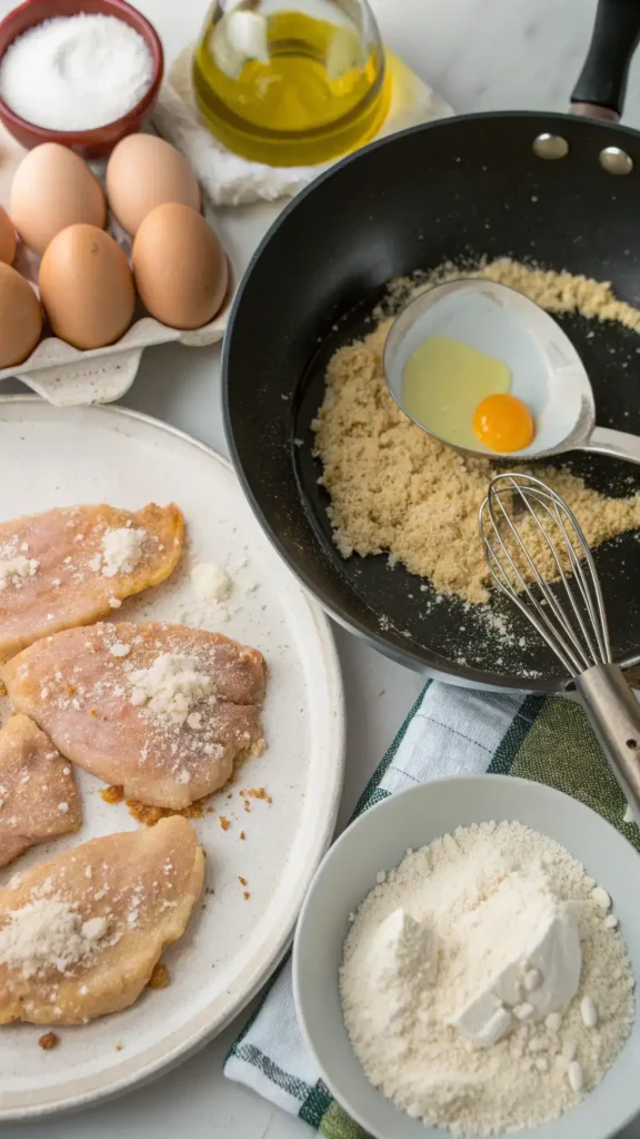 Step-by-step process of making chicken parmesan, including chicken preparation and breading.