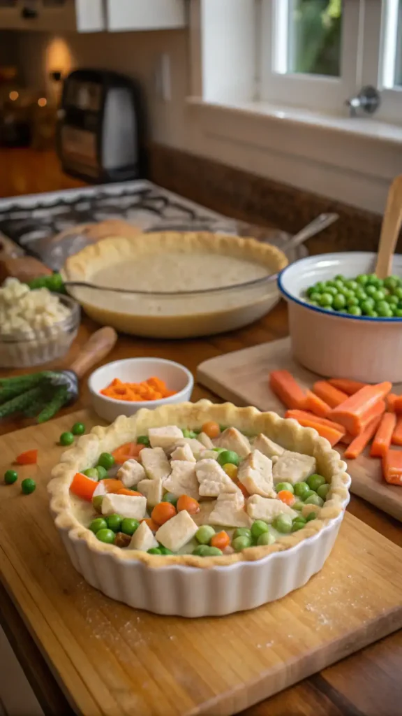 A step-by-step process of making chicken pot pie, showcasing ingredients and cooking steps.