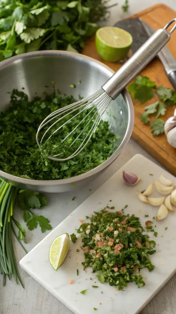 A step-by-step process of making chimichurri with fresh ingredients.