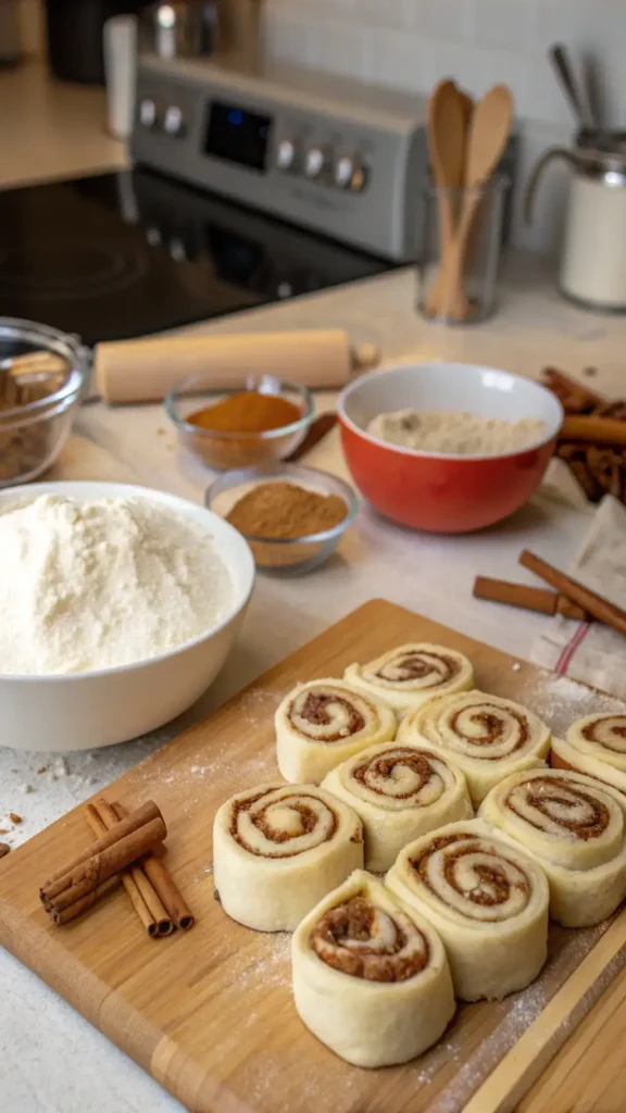 A step-by-step process of making cinnamon rolls, showcasing ingredients and dough preparation.