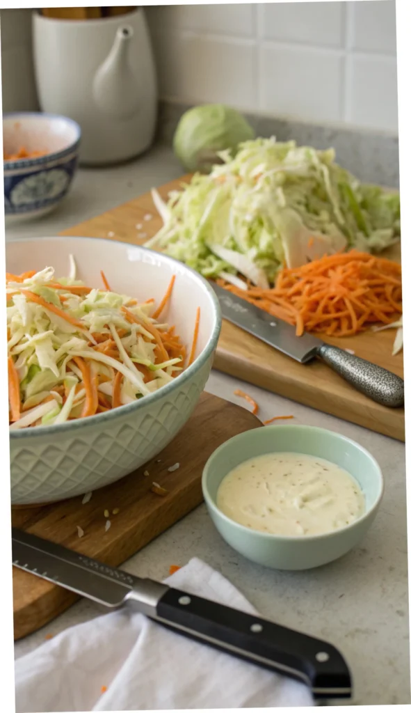 A step-by-step guide to making coleslaw, featuring fresh ingredients and a mixing bowl.