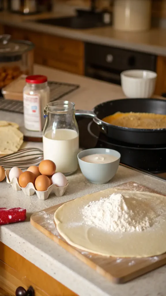 A step-by-step guide to making crepes, showcasing ingredients and cooking process.