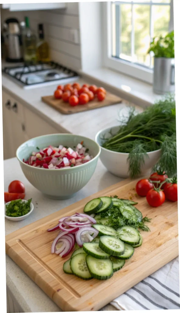 A step-by-step process of making a cucumber salad with fresh ingredients.