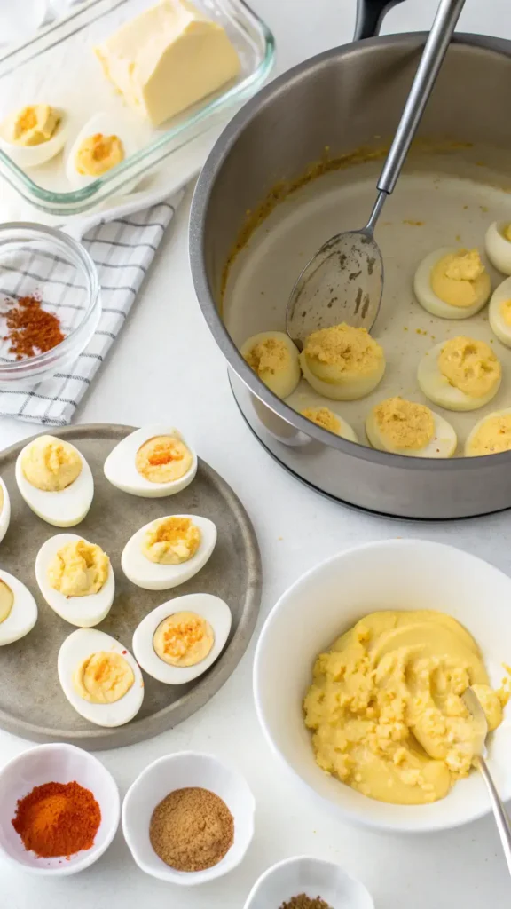 Step-by-step process of making deviled eggs, including boiling, cooling, and preparing the filling.