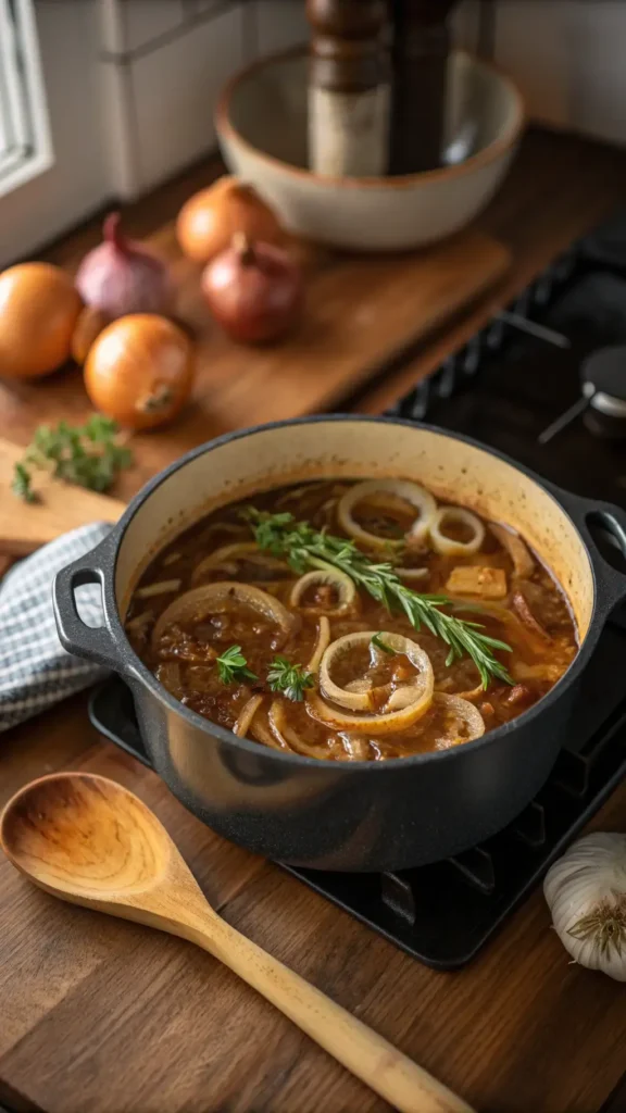 A pot of French onion soup with caramelized onions and herbs, ready to be served.