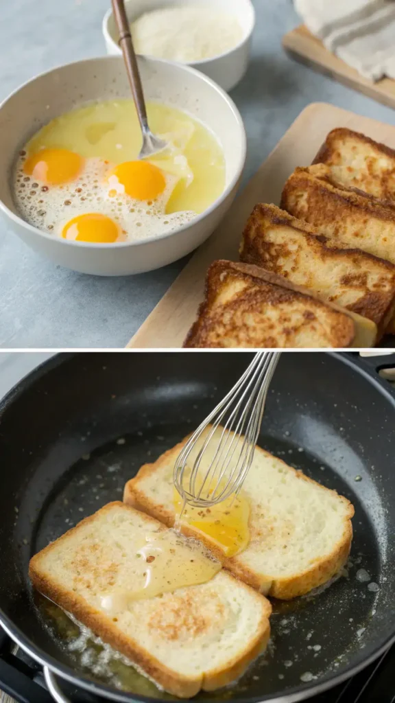 A step-by-step process of making French toast, showcasing whisked eggs, bread preparation, and cooking in a skillet.