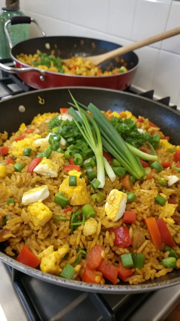 A colorful fried rice dish in a skillet, featuring mixed vegetables and scrambled eggs.