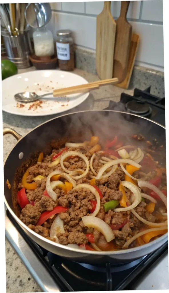 A pot of goulash with sautéed vegetables and ground beef cooking on the stove.
