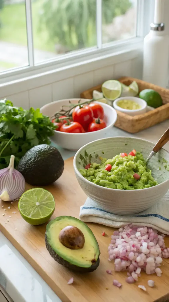 Step-by-step process of making guacamole with fresh ingredients.