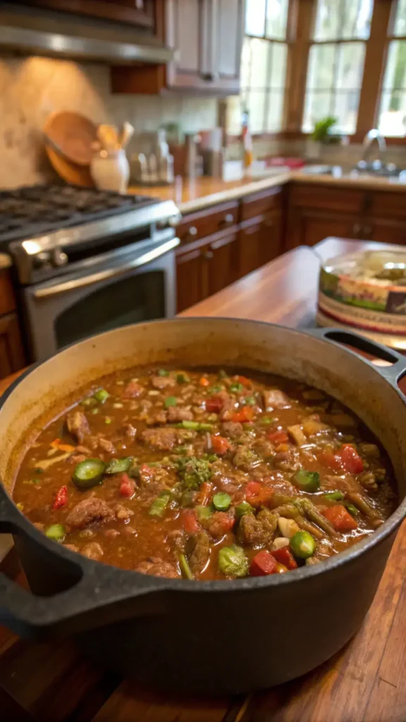 A pot of gumbo simmering on the stove with colorful vegetables and spices visible.