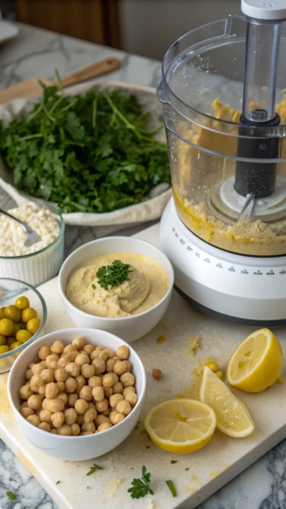 A step-by-step process of making hummus with ingredients like chickpeas, tahini, and olive oil in a food processor.