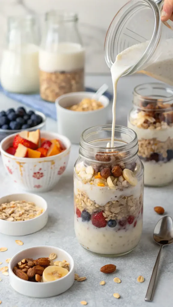 A step-by-step guide to making overnight oats, featuring ingredients and preparation steps.