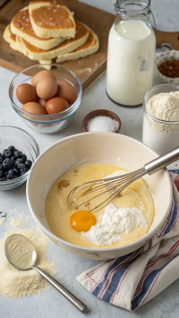 A step-by-step process of making pancakes, showcasing ingredients and mixing.