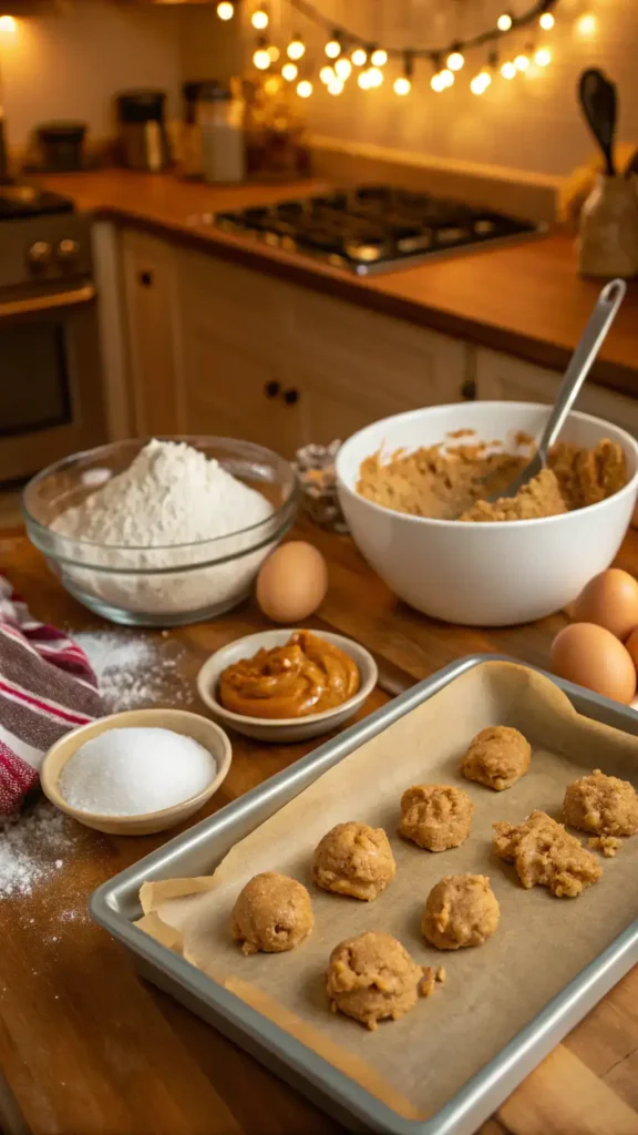 A step-by-step guide to making peanut butter cookies, showcasing ingredients and mixing process.