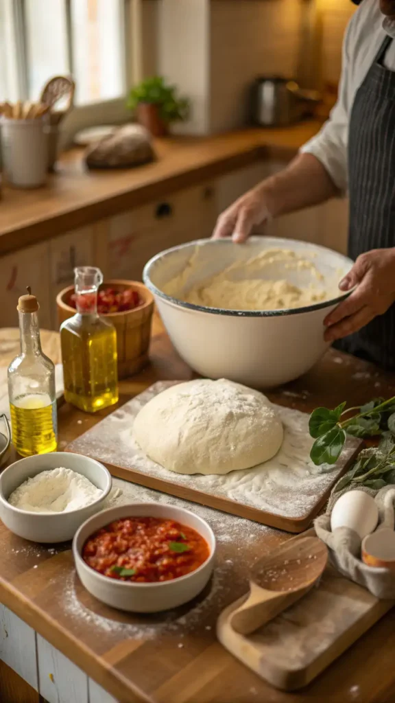 A step-by-step guide to making pizza dough with ingredients laid out on a kitchen counter.
