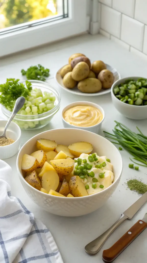 A step-by-step guide to making potato salad with ingredients laid out on a kitchen counter.