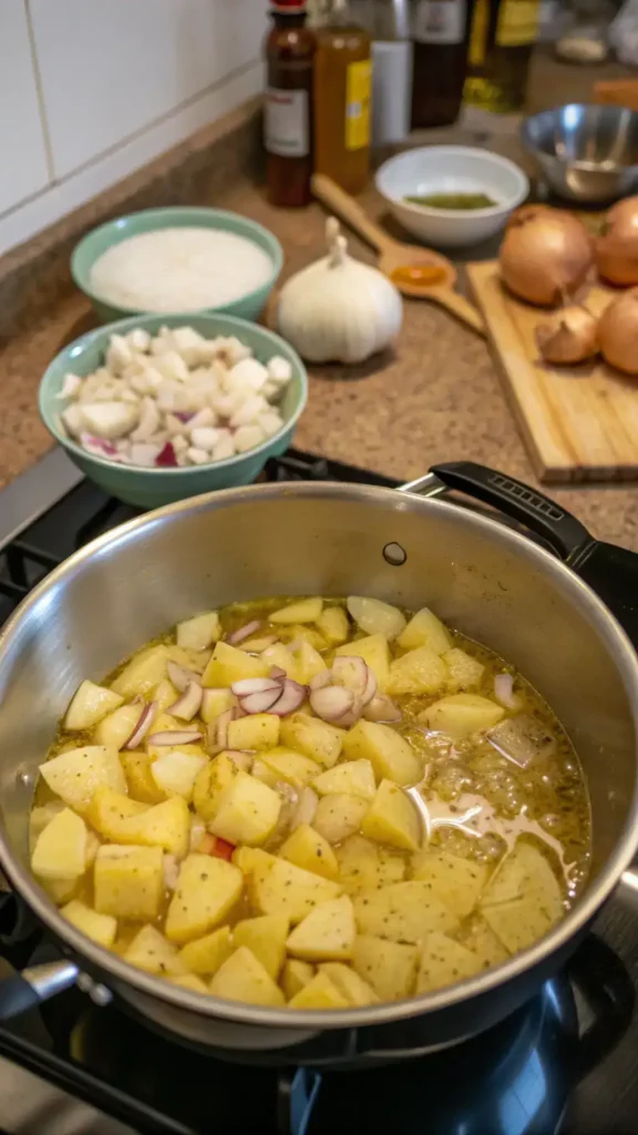 A pot of creamy potato soup being prepared with diced potatoes, onions, and garlic sautéing.
