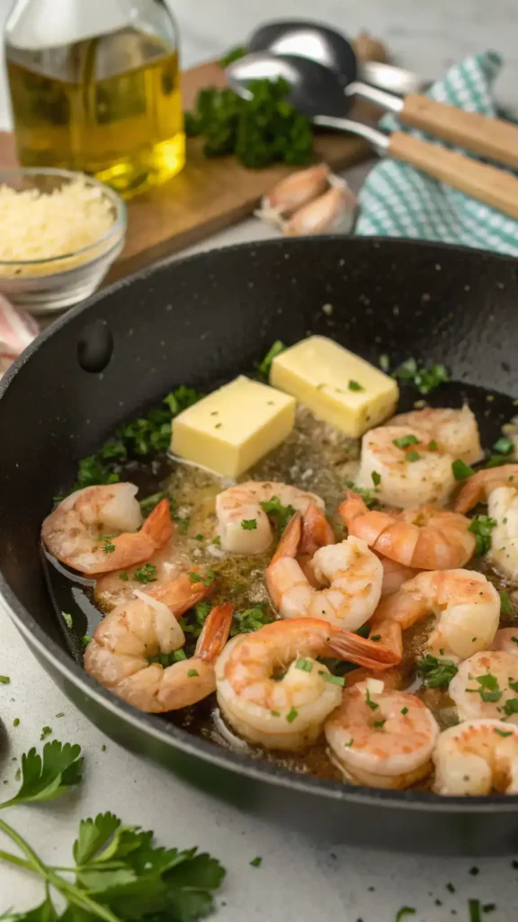 A skillet with shrimp being sautéed in garlic and butter, garnished with fresh parsley.