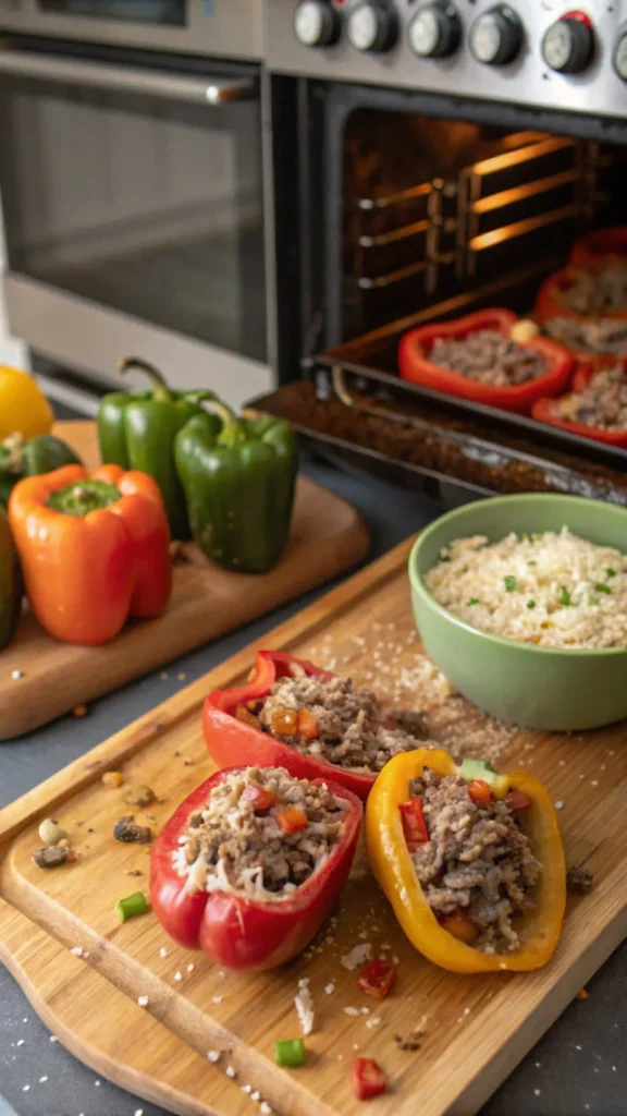 A step-by-step guide to making stuffed peppers, showcasing the preparation and cooking process.