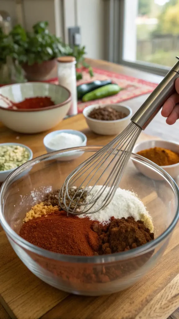A mixing bowl filled with various spices for taco seasoning, including chili powder, cumin, and garlic powder.