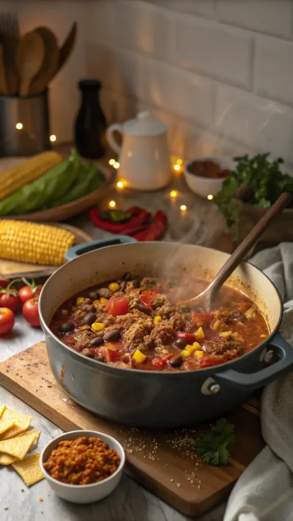 A pot of taco soup simmering on the stove with colorful ingredients like beans, corn, and diced tomatoes.