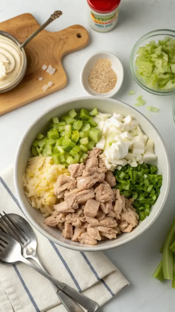 A mixing bowl filled with flaked tuna, chopped celery, and onion, ready to be mixed with mayonnaise.