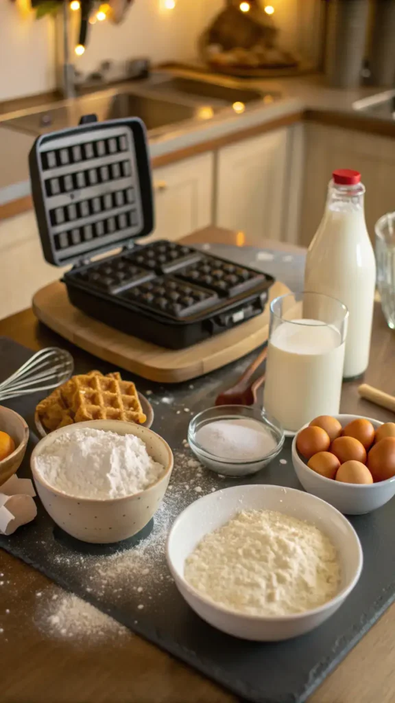 A step-by-step guide to making waffles, showcasing ingredients and the waffle iron.