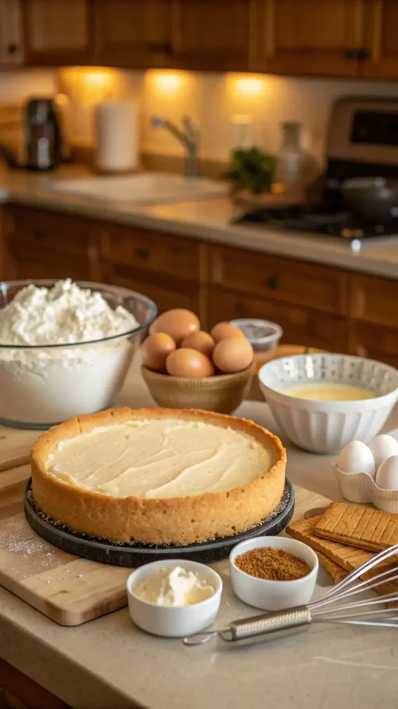 A step-by-step process of making a cheesecake, showcasing ingredients and preparation steps.