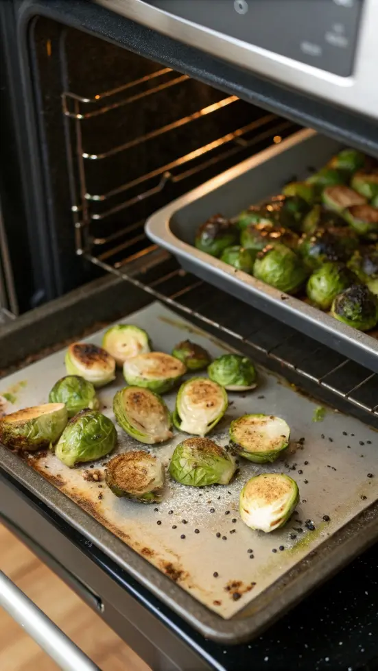 Step-by-step process of making roasted brussel sprouts, including preparation and cooking.